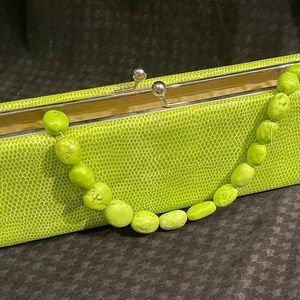 Unique Lime Green Snakeskin Stamped Clutch with Removable Ceramic Bead Strap.